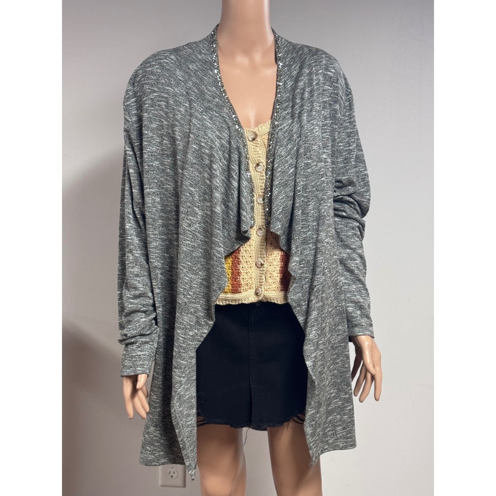 Juicy Couture Gray Marl Open Front Cardigan Sequin Trim Draped Sweater Womens XL